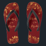 Mother of the Bride Gold Foliage Burgundy  Flip Flops<br><div class="desc">These gorgeous Mother of the Bride gold foliage burgundy flip flops have a dark burgundy background that is adorned with an intricate gold floral greenery pattern and customisable modern typography. The combination of the rich burgundy and the shimmering gold create an elegant and luxurious aesthetic. It's a beautiful gift for...</div>