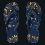 Mother of the Bride Gold Foliage Navy Blue Flip Flops<br><div class="desc">These gorgeous Mother of the Bride gold foliage navy blue flip flops have a dark blue background that is adorned with an intricate gold floral greenery pattern and customisable modern typography. The combination of the rich navy and the shimmering gold create an elegant and luxurious aesthetic. It's a beautiful gift...</div>