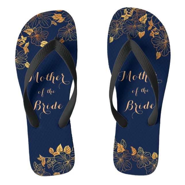 Mother of the Bride Gold Foliage Navy Blue Flip Flops (Footbed)