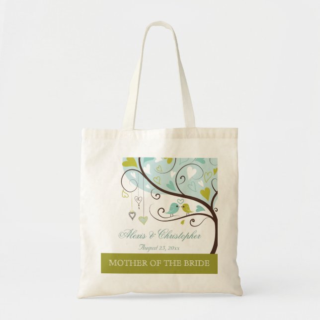 Mother of the bride green & blue love birds favour tote bag (Front)