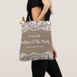 Mother of the Bride Rustic Lace Burlap Custom Tote Bag<br><div class="desc">The Mother of the Bride will love this beautiful personalised tote bag featuring a rustic lace border set against a faux burlap background. Add the Mother of the Bride's name and custom text to personalise. Perfect for carrying wedding essentials like make-up, shoes, clothing and more. Works well for rustic or...</div>