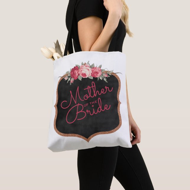 Mother of the Bride Script Pink Floral Wedding Tote Bag (Close Up)
