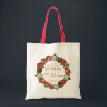 Mother of the Bride Vintage Floral Wreath Wedding Tote Bag<br><div class="desc">This beautiful tote bag is designed specially for the mother of the bride. It features lacy gold script lettering surrounded by a wreath of flowers in deep rich autumn colors including red, coral, pink, plum and orange. There is a space to enter her name or you can leave it blank....</div>
