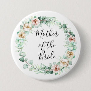 mother of the bride ,watercolor eucalyptus wreath  7.5 cm round badge