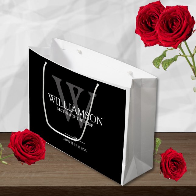 Mother Of The Bride Wedding Gift Monogram Elegant  Large Gift Bag (Mother Of The Bride - Large Elegant Black, White and Gray Gift Bag.)