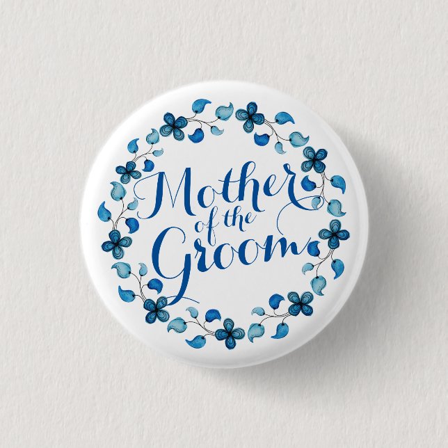 Mother of the Groom Blue Floral Wedding Button (Front)