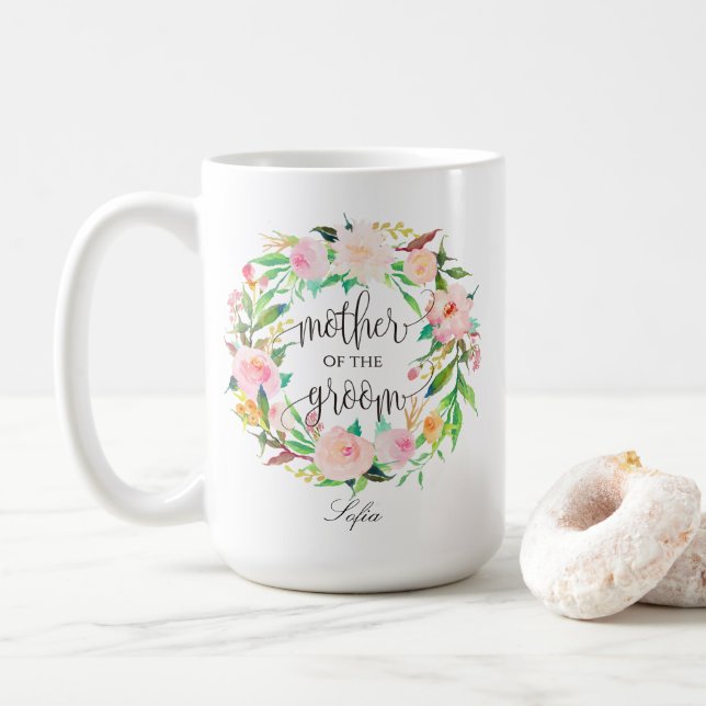Mother of the Groom, Calligraphy, Floral Wreath-5 Coffee Mug (With Donut)