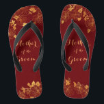 Mother of the Groom Dark Burgundy & Gold Foliage Flip Flops<br><div class="desc">The Mother of the Groom Dark Burgundy & Gold Foliage foliage flip flops have a dark burgundy background that is adorned with an intricate gold floral greenery pattern and customisable modern typography. The combination of the rich burgundy and the shimmering gold create an elegant and luxurious aesthetic. It's a beautiful...</div>