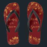 Mother of the Groom Dark Burgundy & Gold Foliage Flip Flops<br><div class="desc">The Mother of the Groom Dark Burgundy & Gold Foliage foliage flip flops have a dark burgundy background that is adorned with an intricate gold floral greenery pattern and customisable modern typography. The combination of the rich burgundy and the shimmering gold create an elegant and luxurious aesthetic. It's a beautiful...</div>