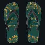 Mother of the Groom Emerald Green & Gold Foliage Flip Flops<br><div class="desc">These gorgeous Mother of the groom emerald green and gold foliage flip flops feature golden foliage pattern and modern typography on timeless dark green background. It's a beautiful gift for your bridal party. View the collection on this page to find matching items. ♥Customise it with your information. ♥ If you...</div>