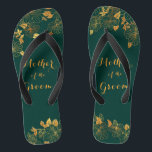 Mother of the Groom Emerald Green & Gold Foliage Flip Flops<br><div class="desc">These gorgeous Mother of the groom emerald green and gold foliage flip flops feature golden foliage pattern and modern typography on timeless dark green background. It's a beautiful gift for your bridal party. View the collection on this page to find matching items. ♥Customise it with your information. ♥ If you...</div>