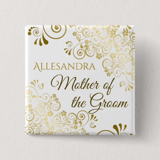 Mother of the Groom Gold Filigree Wedding Name 15 Cm Square Badge (Front)