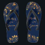 Mother of the Groom Gold Foliage Navy Blue  Flip Flops<br><div class="desc">The Mother of the Groom Gold Foliage Navy Blue flip flops have a rich navy background that is adorned with an intricate gold floral greenery pattern and customisable modern typography. The combination of the dark navy blue and the shimmering gold create an elegant and luxurious aesthetic. It's a beautiful gift...</div>