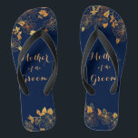 Mother of the Groom Gold Foliage Navy Blue  Flip Flops<br><div class="desc">The Mother of the Groom Gold Foliage Navy Blue flip flops have a rich navy background that is adorned with an intricate gold floral greenery pattern and customisable modern typography. The combination of the dark navy blue and the shimmering gold create an elegant and luxurious aesthetic. It's a beautiful gift...</div>