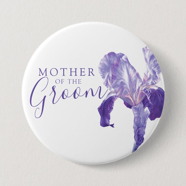 Mother of the groom iris purple wedding 7.5 cm round badge (Front)