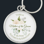 Mother of the Groom Ivory Peach Roses Wedding Key Ring<br><div class="desc">This beautiful keychain is designed as a gift or favour for the mother of the groom. It features a hand painted watercolor floral design with a rustic bouquet of ivory peach coloured roses, eucalyptus leaves and foliage, with a white banner across the centre reading: Mother of the Groom in fancy...</div>