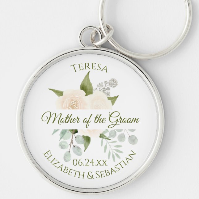 Mother of the Groom Ivory Peach Roses Wedding Key Ring (Front)