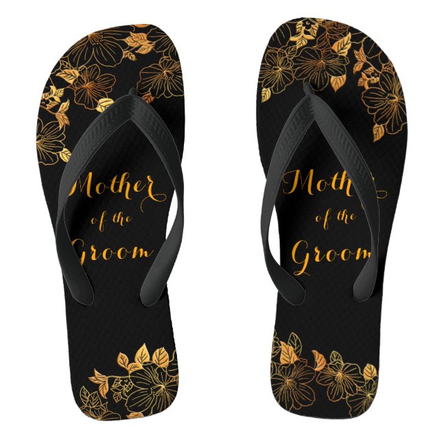 Mother of the Groom Luxury Black & Gold Foliage Flip Flops (Footbed)