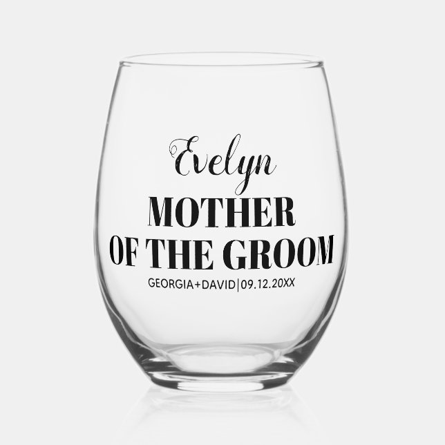 Mother of the groom name black typography wedding stemless wine glass (Front)