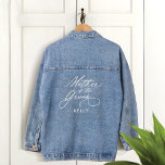 Mother of the Groom Script Name Wedding Party Denim Jacket<br><div class="desc">Our minimal and elegant "Mother of the Groom" wedding denim jacket features modern script calligraphy "Mother of the Groom". Designed to make heads turn on your special day. Whether you're a trendsetter bride or looking for the perfect gift for their Mother of the Groom, this jacket is a must-have addition...</div>