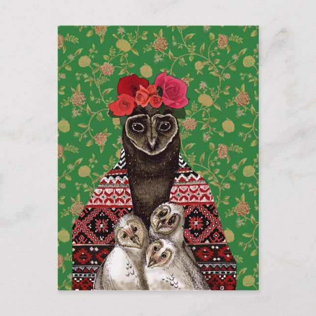 Mother owl three baby owlets postcard (Front)