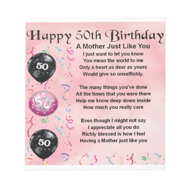 Mother Poem  -  50th Birthday Notepad (Front)