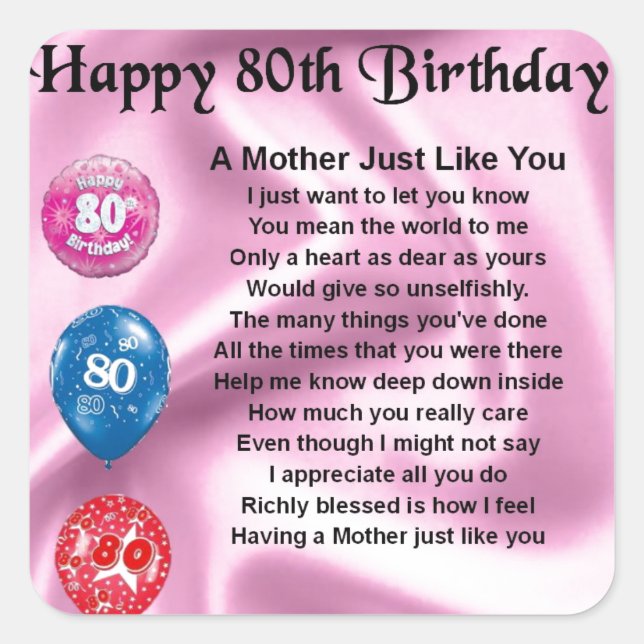 Mother Poem  -  80th Birthday Square Sticker (Front)