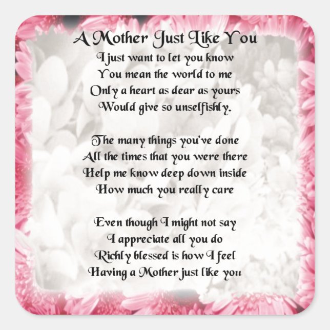Mother Poem - Pink Floral Design Square Sticker (Front)