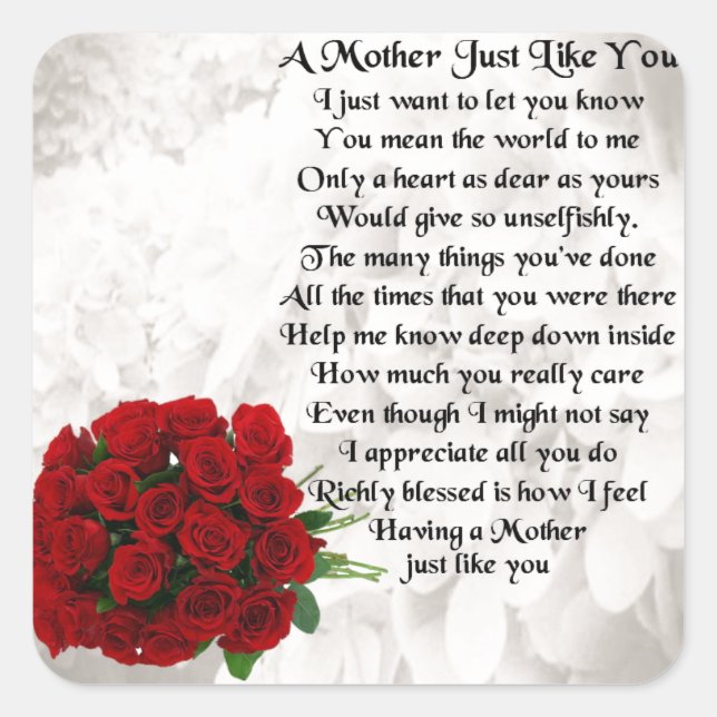 Mother Poem  -  Red Roses Design Square Sticker (Front)