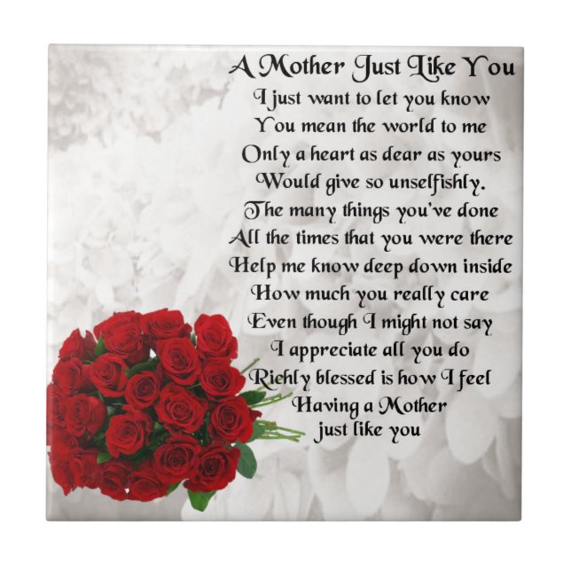 Mother Poem  -  Red Roses Design Tile (Front)