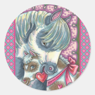 MOTHER PONY & HER CUTE VALENTINE FILLY, HORSE CLASSIC ROUND STICKER