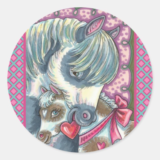 MOTHER PONY & HER CUTE VALENTINE FILLY, HORSE CLASSIC ROUND STICKER (Front)
