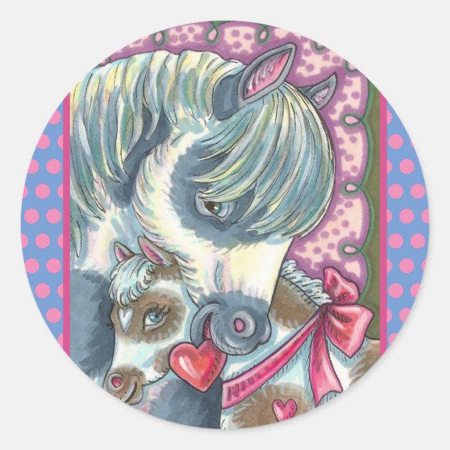MOTHER PONY & HER CUTE VALENTINE FILLY, HORSE CLASSIC ROUND STICKER (Front)