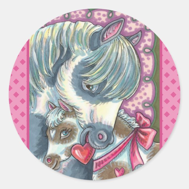 MOTHER PONY & HER CUTE VALENTINE FILLY, HORSE CLASSIC ROUND STICKER (Front)