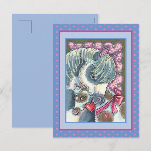 MOTHER PONY & HER CUTE VALENTINE FILLY, HORSE HOLIDAY POSTCARD (Front/Back)