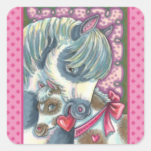 MOTHER PONY & HER CUTE VALENTINE FILLY, HORSE SQUARE STICKER