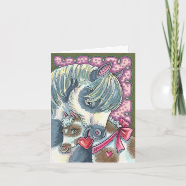 MOTHER PONY & VALENTINE FILLY, CUTE HORSE HOLIDAY CARD (Front)