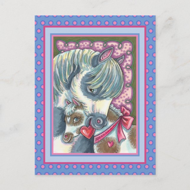 MOTHER PONY & VALENTINE FILLY, CUTE HORSE HOLIDAY POSTCARD (Front)