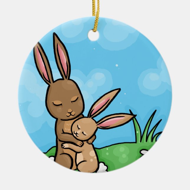 Mother Rabbit and Baby Bunny hug Ceramic Tree Decoration (Front)