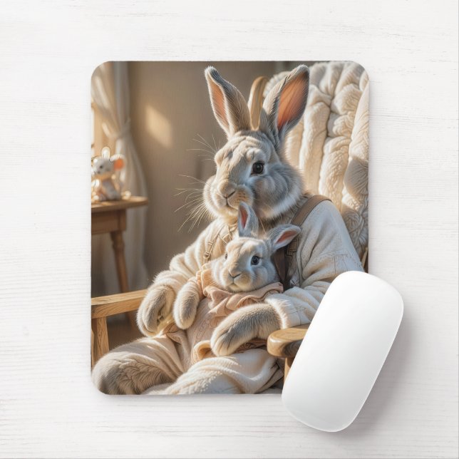 Mother Rabbit With Baby Bunny Mouse Mat (With Mouse)