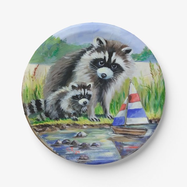 Mother Racoon, Baby and Toy Boat Paper Plate (Front)