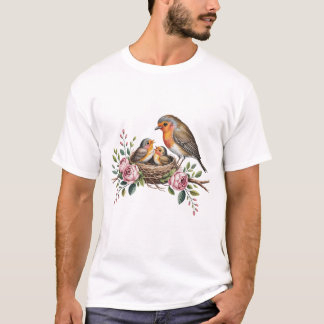 Mother robin feeding baby birds in nest with roses T-Shirt