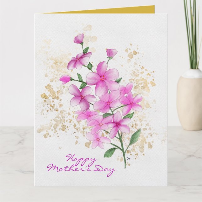 Mother’s Day Pink Flowers Gold Splatter 2 Photos Card (Front)