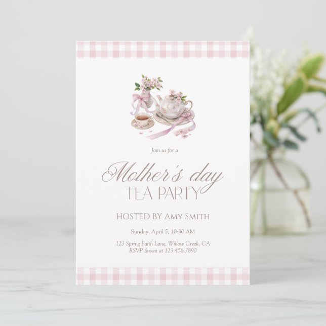 Mother’s Day Tea Party Pink Gingham Invitation (Standing Front)