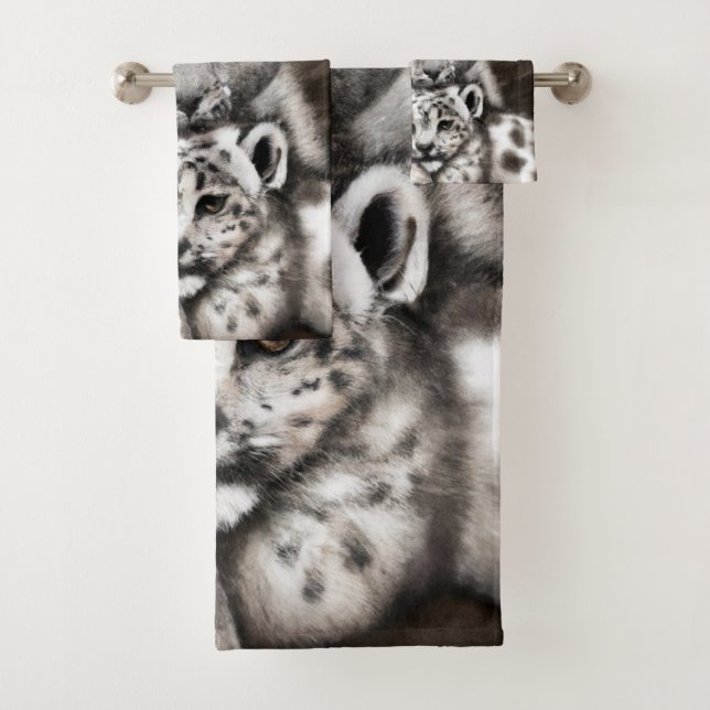 Mother Snow Leopard and Cub in the Mountains Bath Towel Set (Insitu)