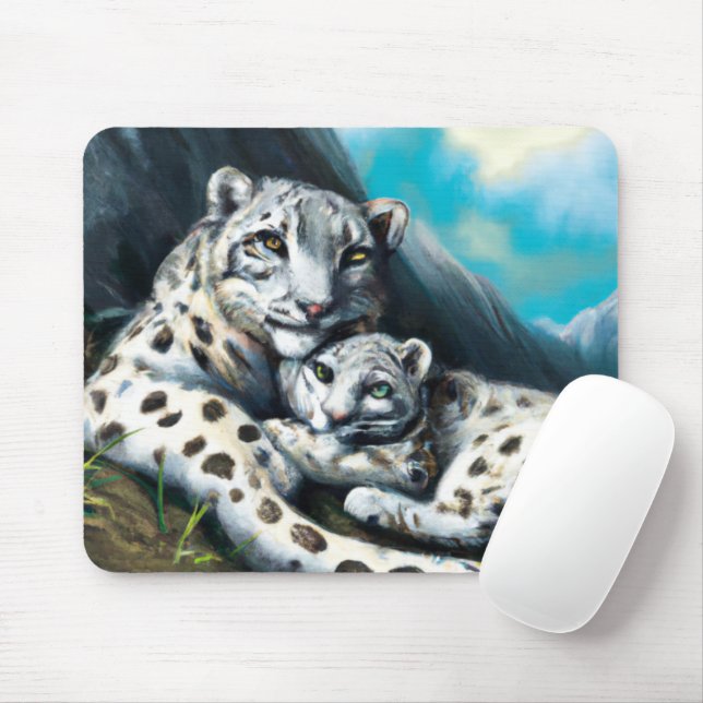 Mother Snow Leopard and Cub in the Mountains Mouse Mat (With Mouse)