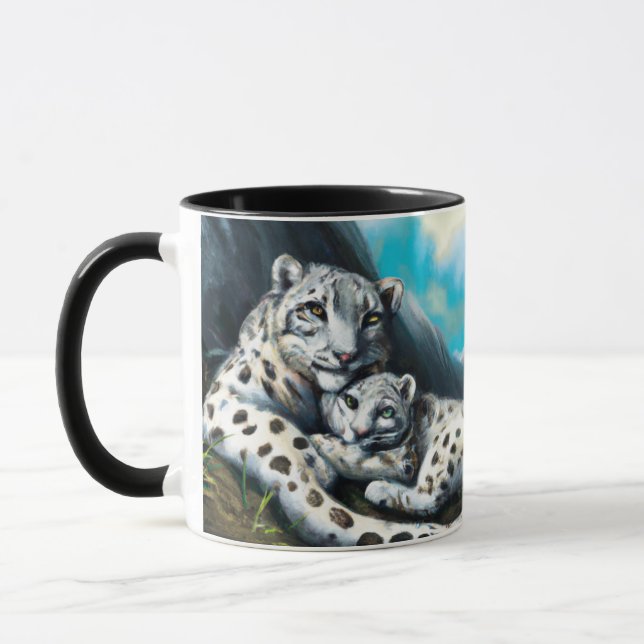 Mother Snow Leopard and Cub in the Mountains Mug (Left)