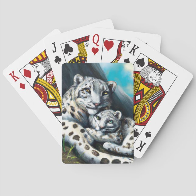 Mother Snow Leopard and Cub in the Mountains Playing Cards (Back)