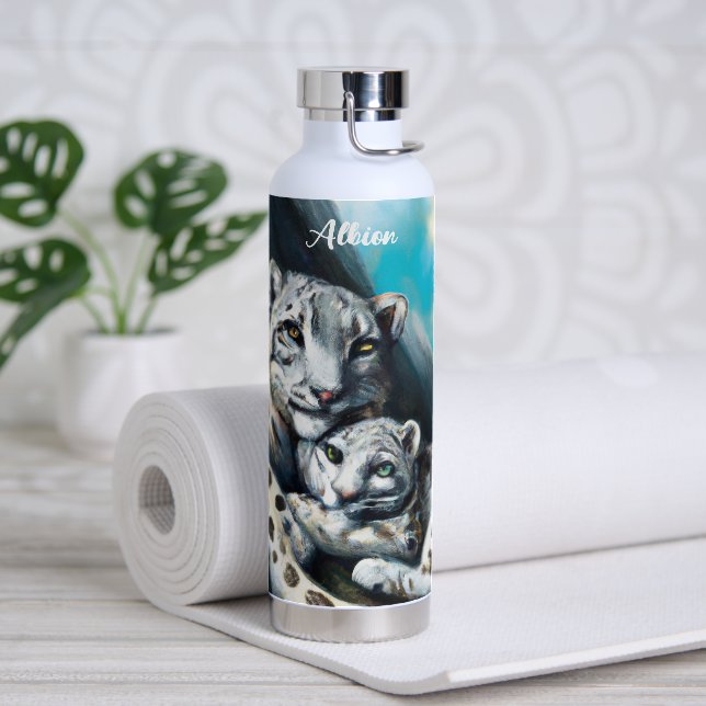 Mother Snow Leopard and Cub in the Mountains Water Bottle (Yoga)