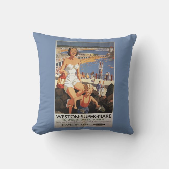 Mother & Son on Beach Railway Poster Cushion (Front)